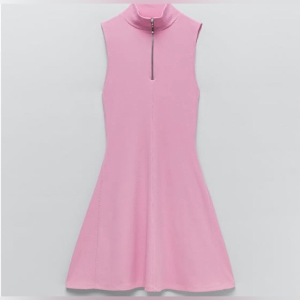 Zara Womens A Line Dress Pink Stretch Mock Neck Sleeveless 1/4 Zip Ribbed S